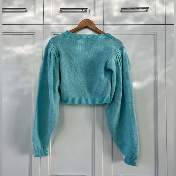 SOLD - Turquoise cropped cardigan with bell sleeves. - Picture 5 of 7